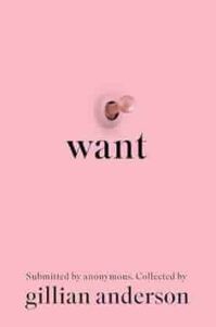 cover of Want: Sexual Fantasies by Anonymous, a book by Gillian Anderson. cover is the word want in black text against a light pink background